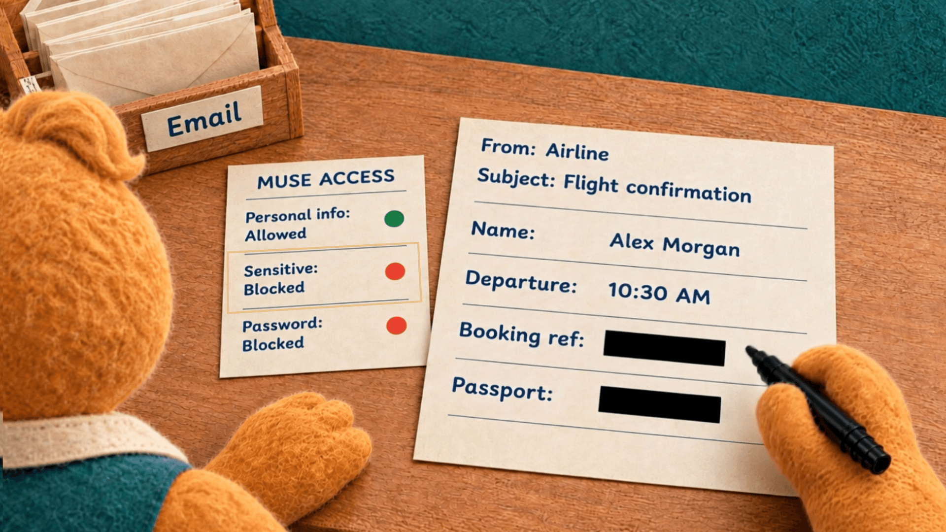 In the Control Center film, the permission card allows personal information while the booking reference and passport number are covered on the email.